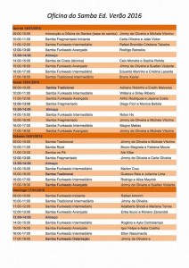 Schedule of Workshops at the Oficina do Samba (samba workshop), Academia de Danca Jimmy de Oliveira, Rio de Janeiro