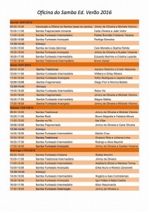 Schedule of Workshops at the Oficina do Samba (samba workshop), Academia de Danca Jimmy de Oliveira, Rio de Janeiro 