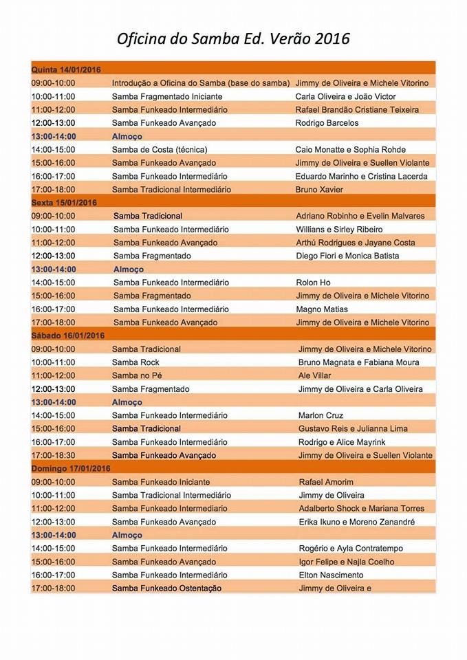 Schedule of Workshops at the Oficina do Samba