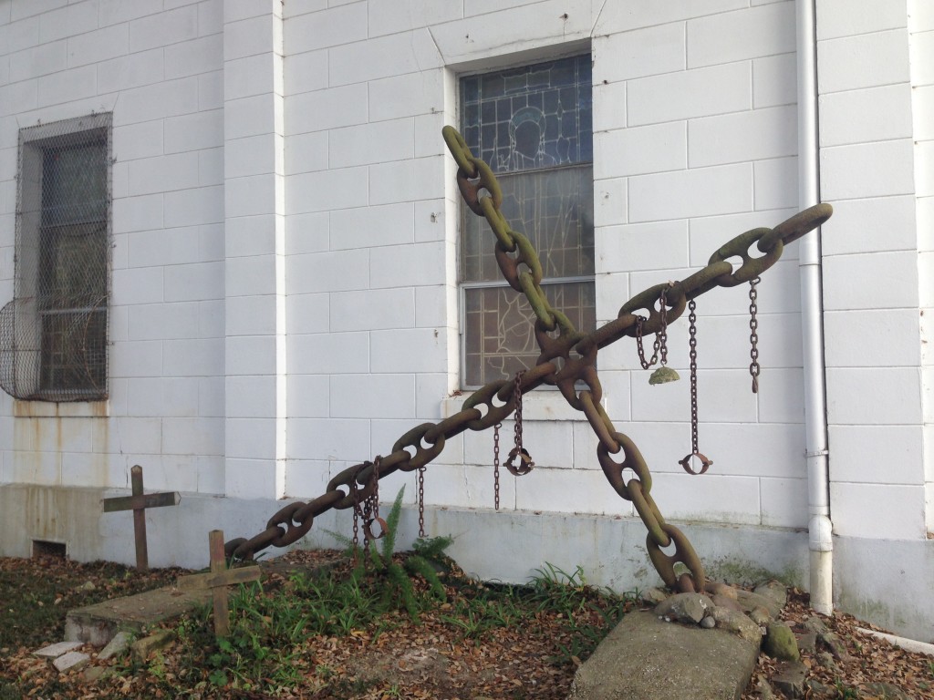 The shackles-cross at the Tomb of the Unknown Slave, St Augustine's Church, Treme. photo courtesy of Ananya Kabir 