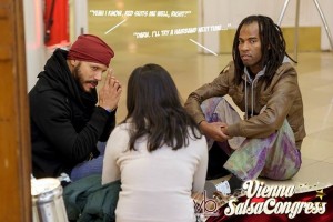 Impromptu conversation between workshops: Ananya Kabir, Kwenda Lima and Helio Santos at the Vienna Salsa Congress. photo courtesy Valentin Behringer