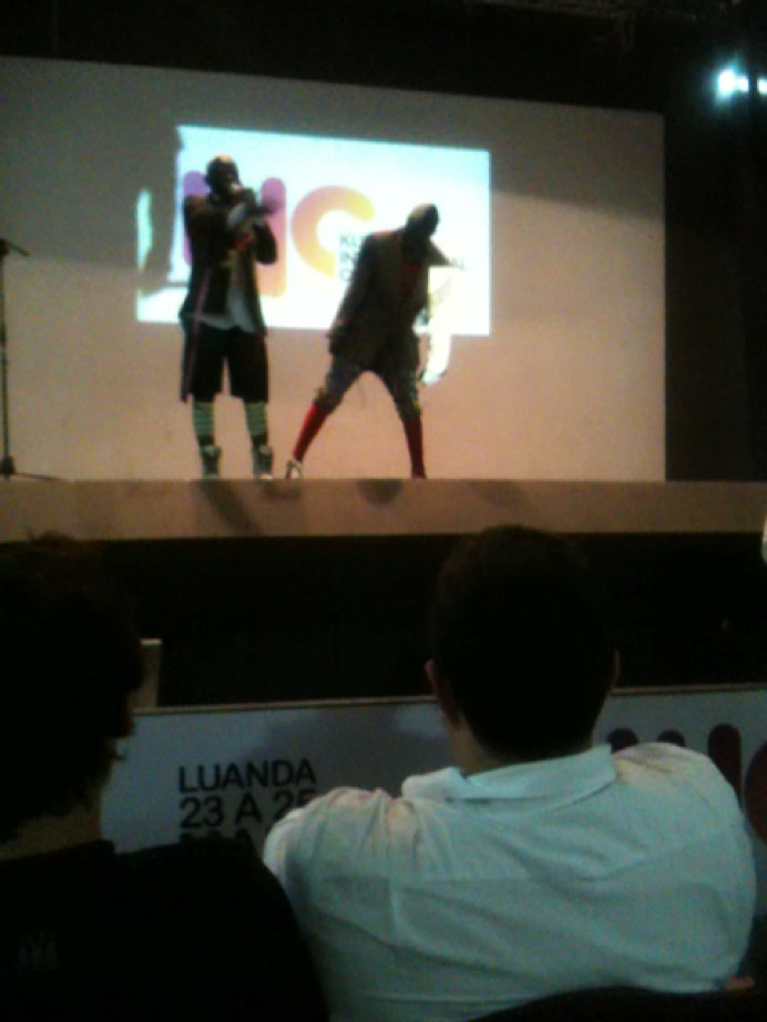residente Gasolina and Principe Ouro Negro on stage at the Cha de Caxinde Cultural Centre, Luanda, on the occasion of the first International Kuduro Conference (co-organised by Stefanie), May 2011. Video courtesy Ananya Kabir